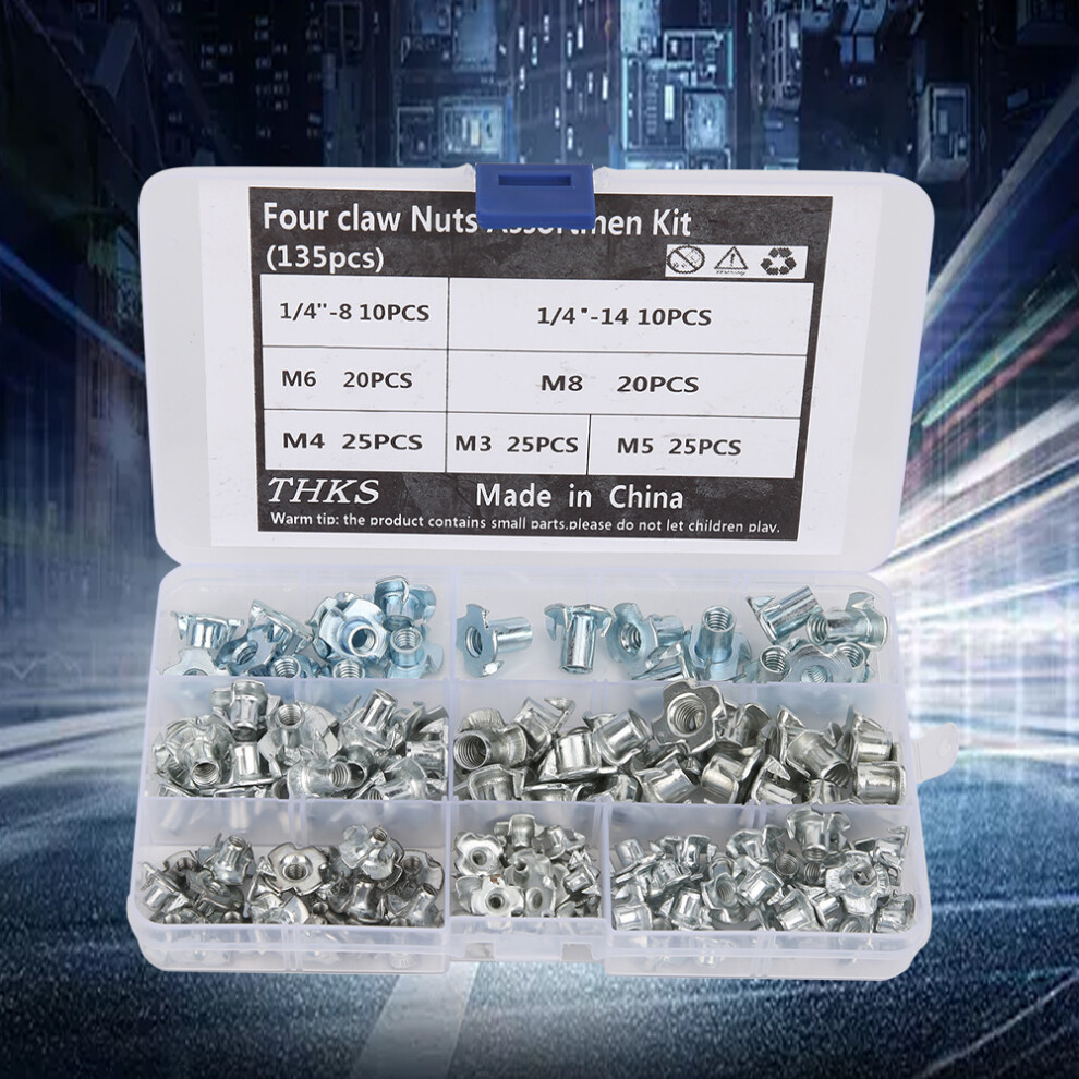 Furniture Connecting Nuts 135Pcs Carbon Steel Four Claw Assortment Kit 8441361899803