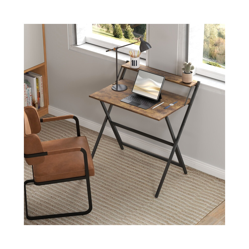 Folding Computer Desk 81.5cm with Monitor Shelf Rustic Brown Space-saving Desk for Home Office & Study-image-OPC-PMZNCJR-NEW