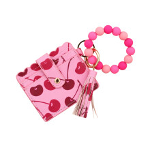 Elegant Bohemian Style Keyring With PU Card Holder And-rose red