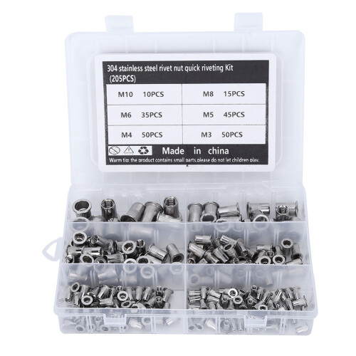 205 Stück Edelstahl-Rivetenmutter Sortimentset mit Box M3-M10 1