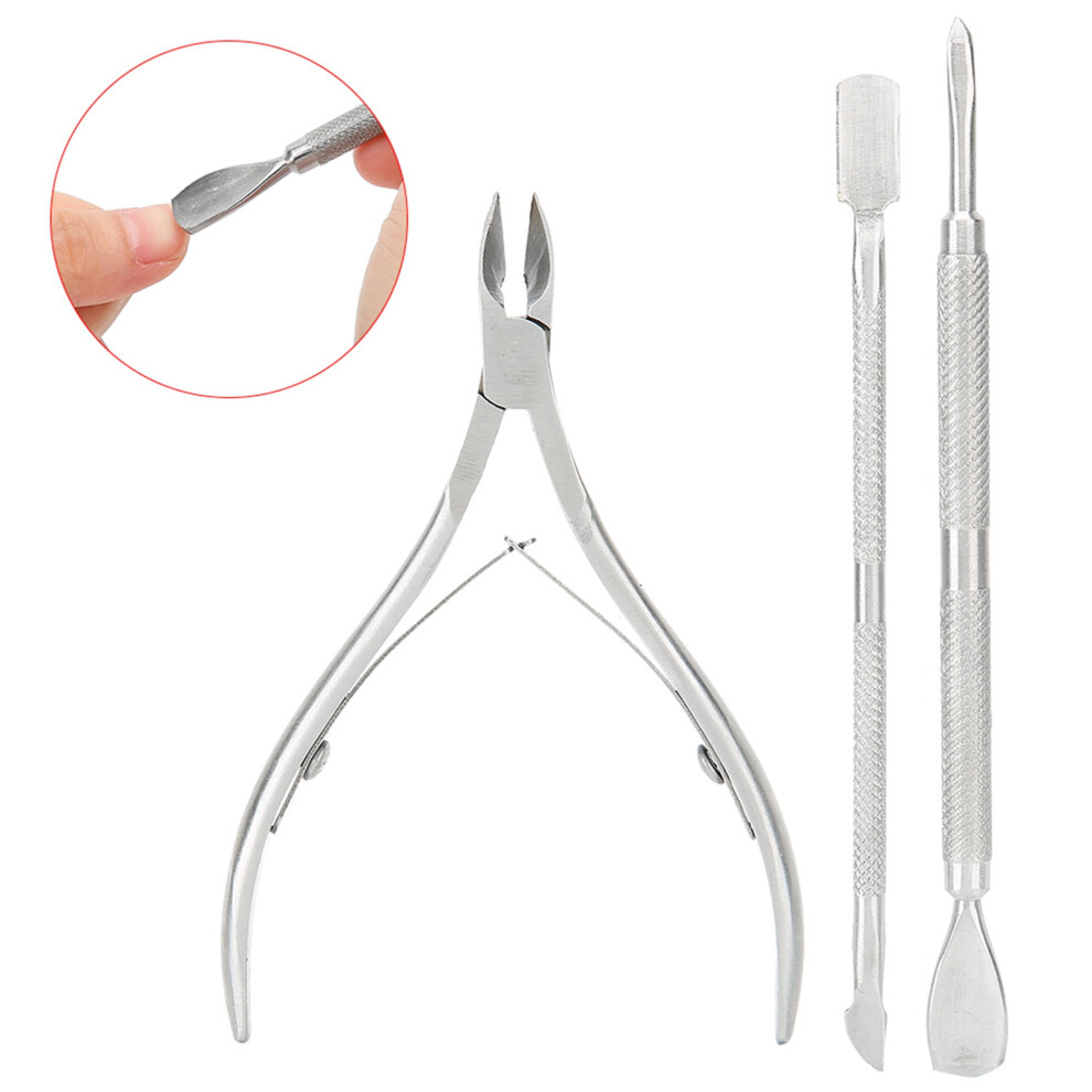 Stainless Cuticle Nippers & Pusher Set: 3pc Manicure Tools Durable Steel