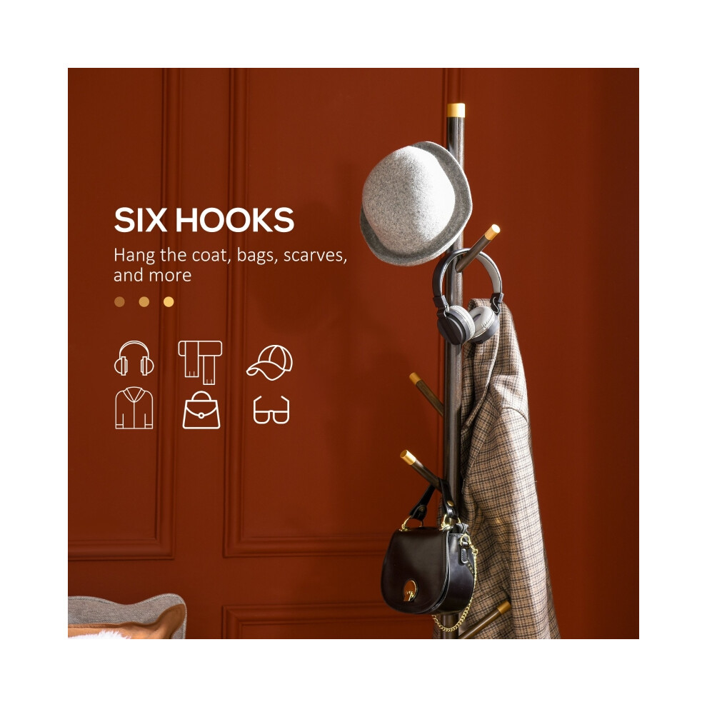 Freestanding Hall Tree Coat Rack with 6 Hooks - Vintage Bamboo Frame for Entryway Hallway Bedroom Walnut Color-image-OPC-PMZNQ7V-NEW