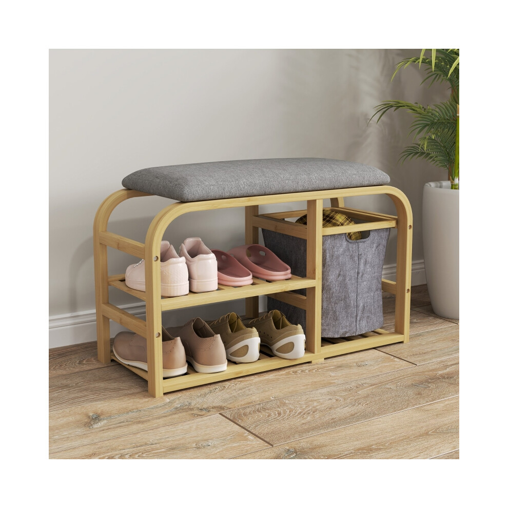 Bamboo Shoe Storage Bench with Padded Seat Nature Wood Finish Multi-Functional Space-Saving 40cm Height Classic Design-image-OPC-PMZNVZP-NEW
