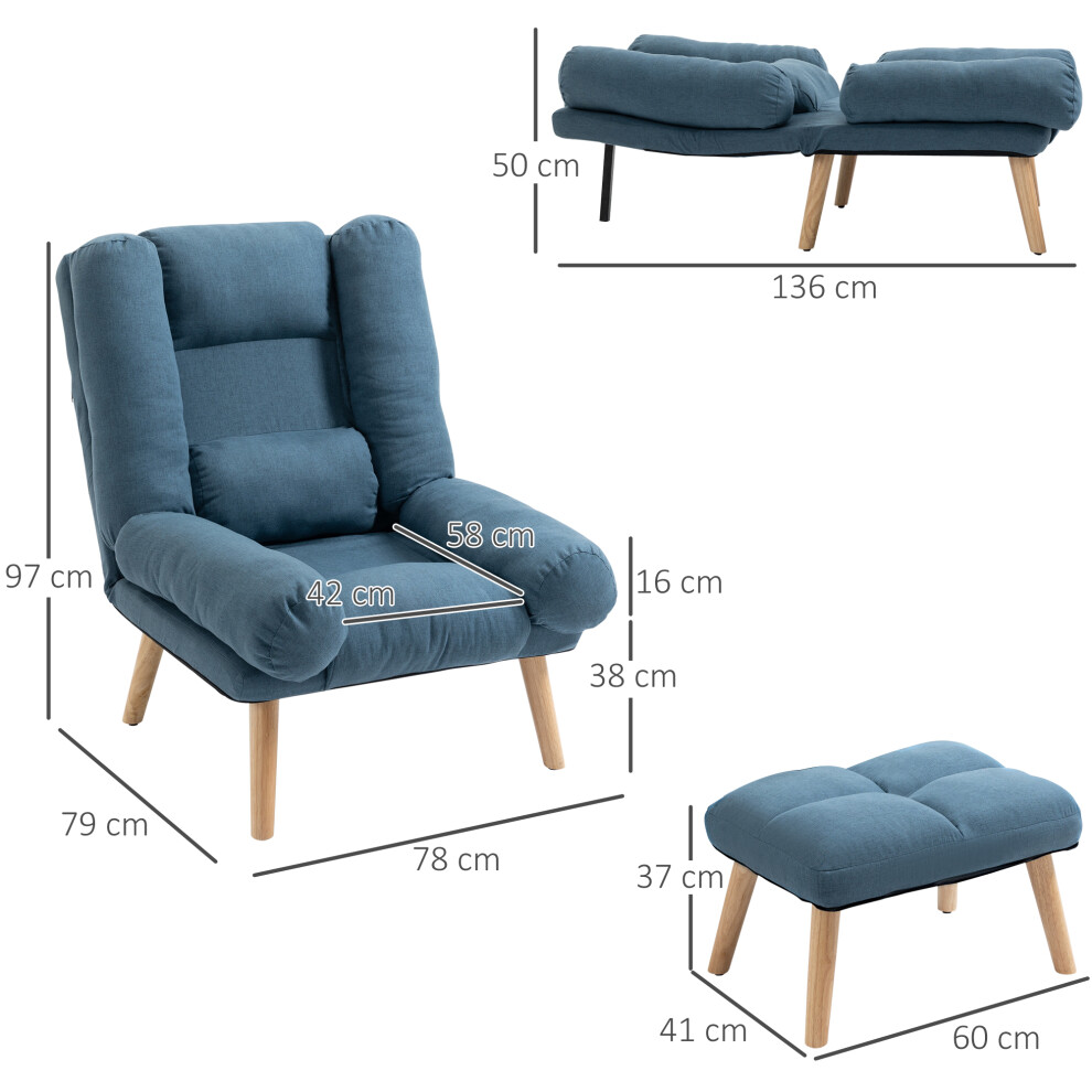 Living Room Armchair with Footstool Blue Upholstered Recliner with 3-Position Backrest and Wooden Legs Compact and Stylish-image-OPC-PMZPC8F-NEW