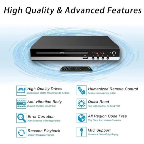 DVD Player, Full HD DVD Player 1080P High Definition CD/EVD/VCD Players with AV and Output Microphone 1