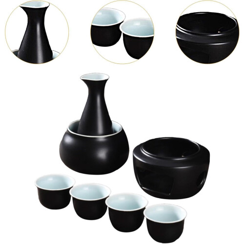 Sake Set with Heating, Cups And Bottle for Traditional Beverage, black 1