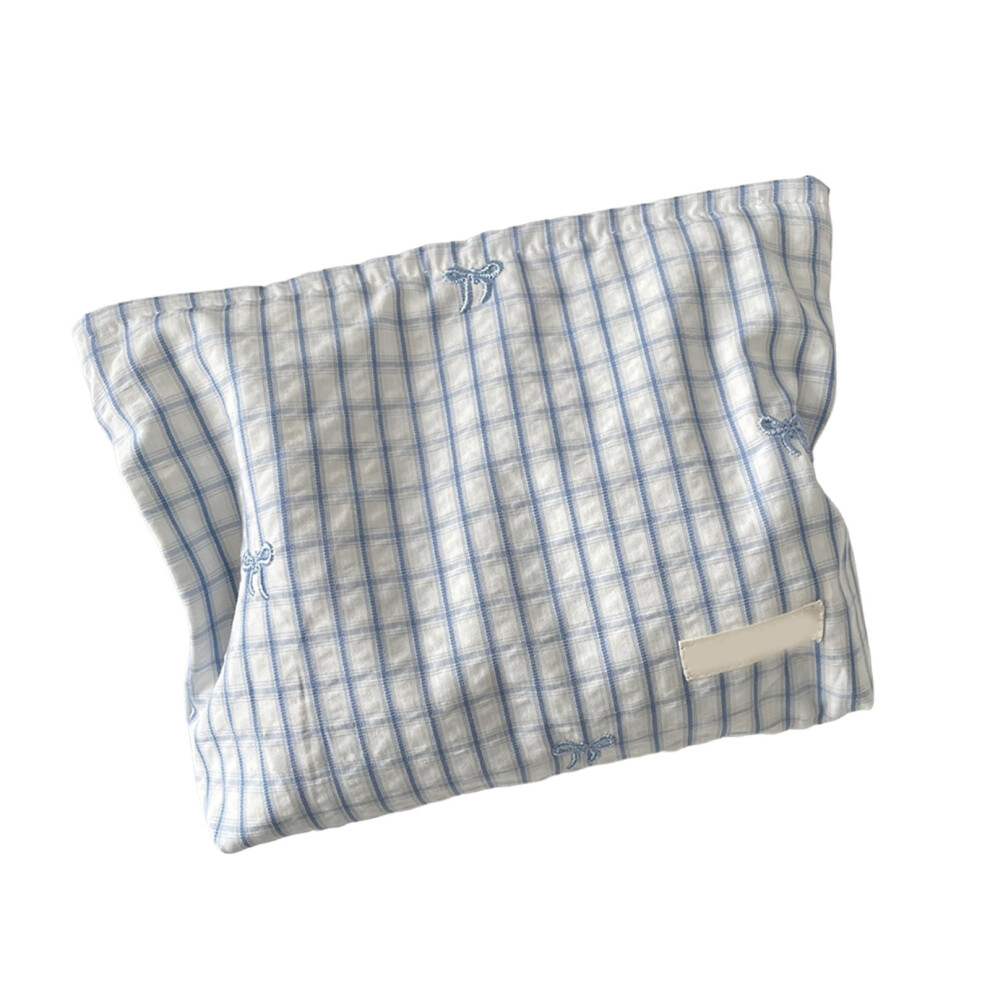 Blue Plaids Makeup Bag,Portable Travel Cosmetic- Grids Bow