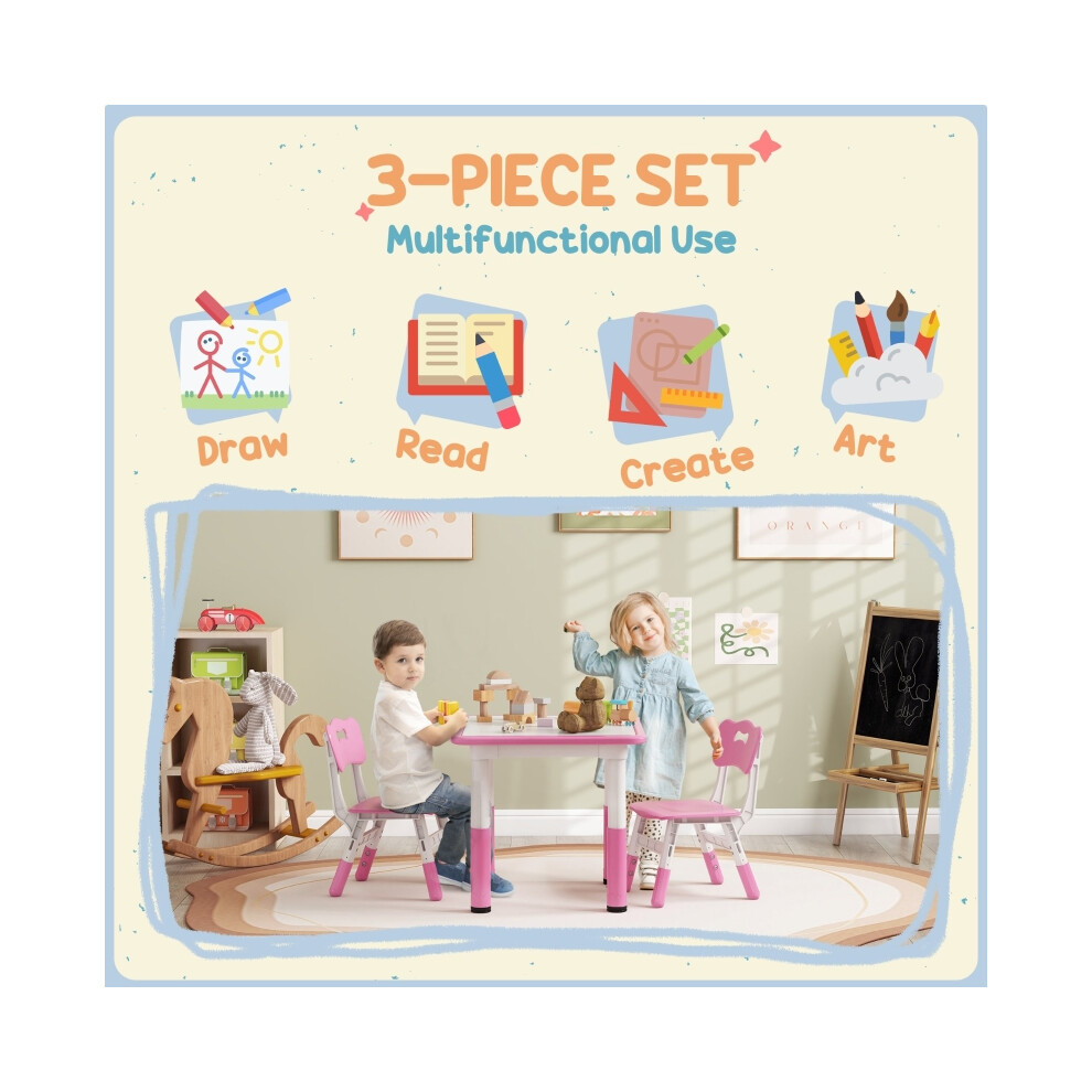 Adjustable Height Toddler Table with 2 Chairs in Pink 3-Piece Children's Activity Set for Playroom and Bedroom Use-image-OPC-PMZR78N-NEW