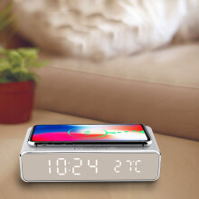 3-in-1 Digital Bedside Clock Thermometer Wireless Charger, Silver