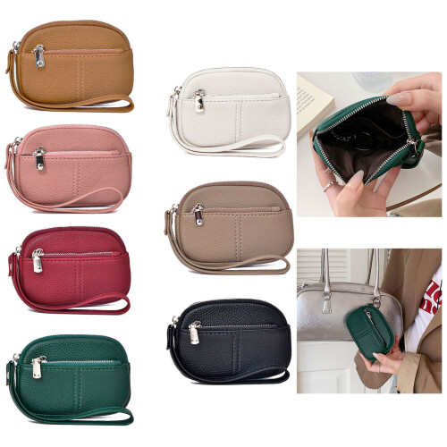 WLeather Wristlet Clutch Wallet Purses Zippers Keychain-Khaki 2