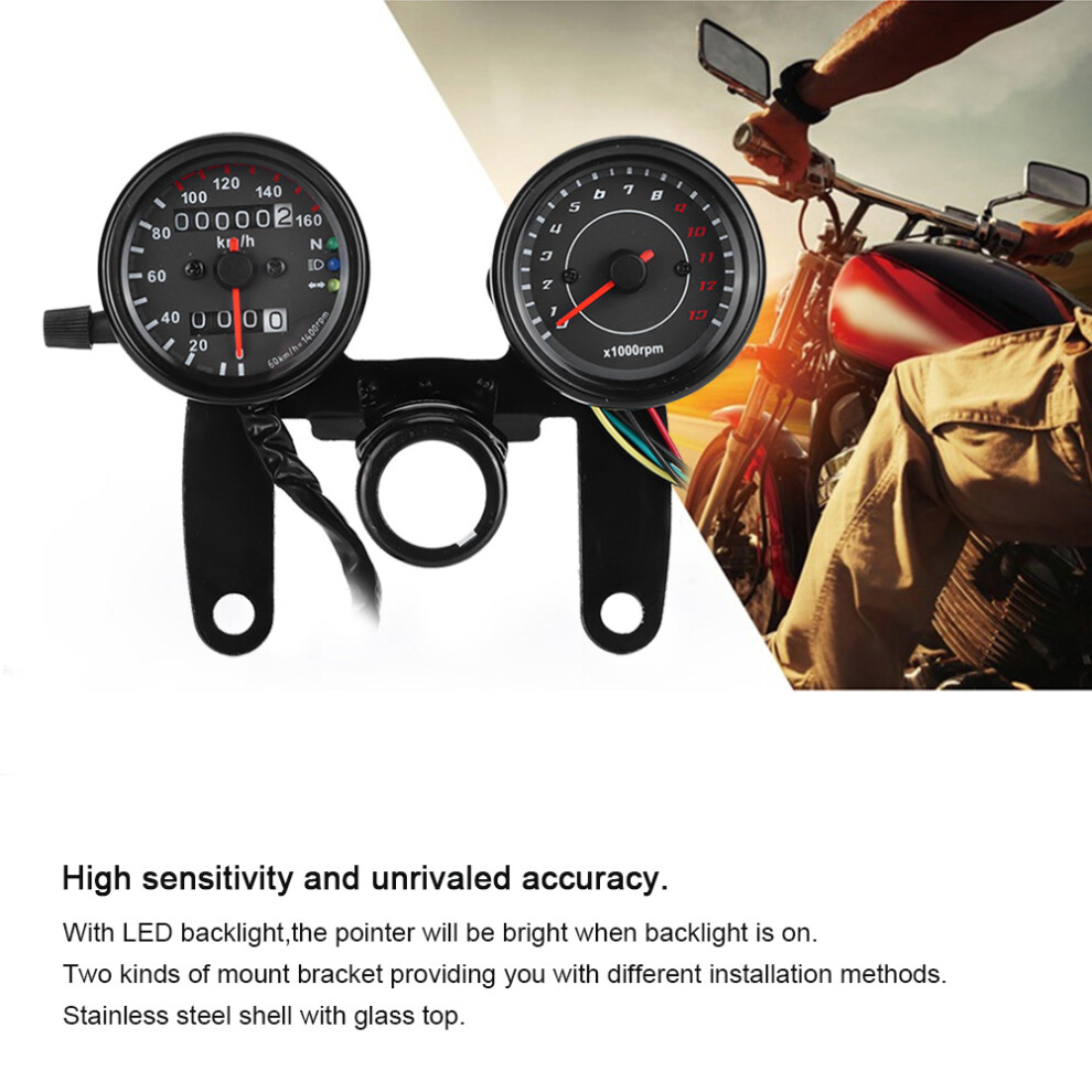 12V Motorcycle Speedometer Tachometer 0-160 Km/H 13000 Rpm Black 7621362048450