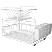 Scolapiatti dal design versatile, facile da pulire, in filo metallico bianco rivestito, per piano cucina, con drenaggio automatico salvaspazio