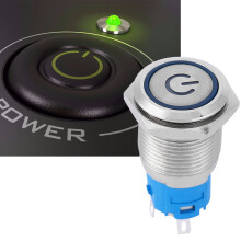 16mm blauer LED, flacher runder Metall-Tastschalter mit Power-Symbol