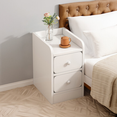 Living And Home Mini Modern Bedside Table with Double Drawers -Warm White, 30 cm Width, MDF Storage Cabinet for Bedroom 1