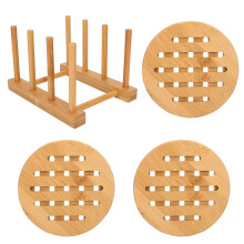 Escorredor de pratos durável em bambu com drenagem, construção ecológica em bambu, encaixes ajustáveis para pratos e tampas de panelas, design