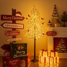 150cm Lighted Birch Christmas Tree with Red Birds