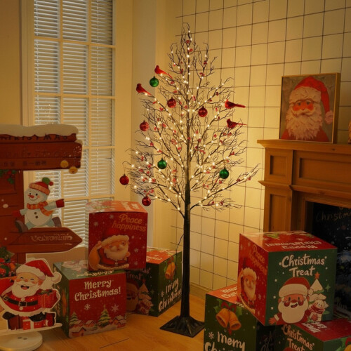 150cm Lighted Birch Christmas Tree with Red Birds 1
