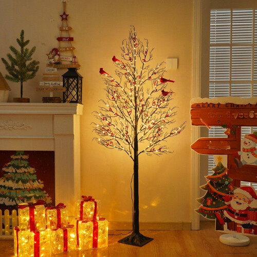 150cm Lighted Birch Christmas Tree with Red Birds 2