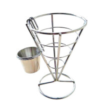 Metalen kegelvormige mand voor het presenteren van hapjes, met geïntegreerde saushouders. Spiraalvormig ontwerp, elegante afwerking en veelzijdige