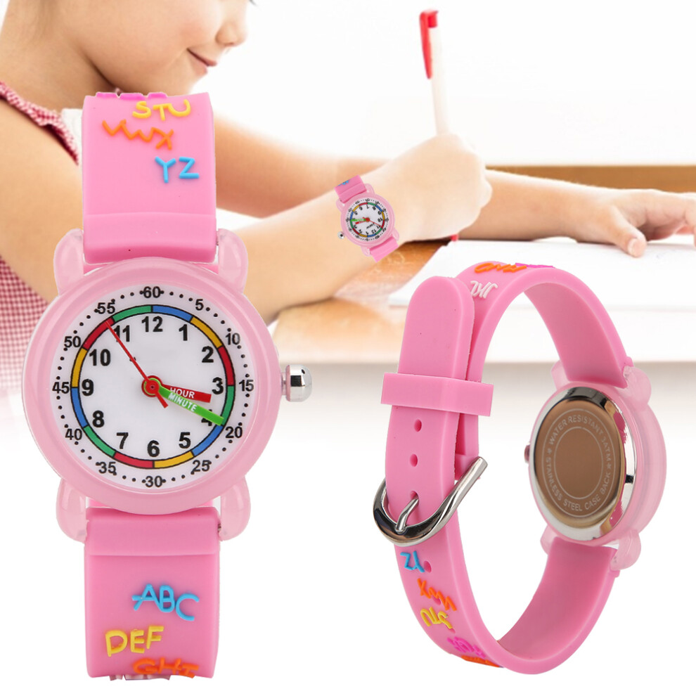 Kids Waterproof Cartoon Wrist Watch With Letter Pattern Time Learning Tool Pink 8781362137673