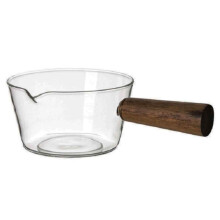 Panela transparente para uso no fogão, utensílio de cozinha multifuncional com cabo de madeira e bico em formato de V, leiteira de vidro