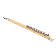 Escova para forno de pizza com cabo de bambu, utensílio para forno de pizza externo com fio de aço inoxidável e raspador, ferramenta