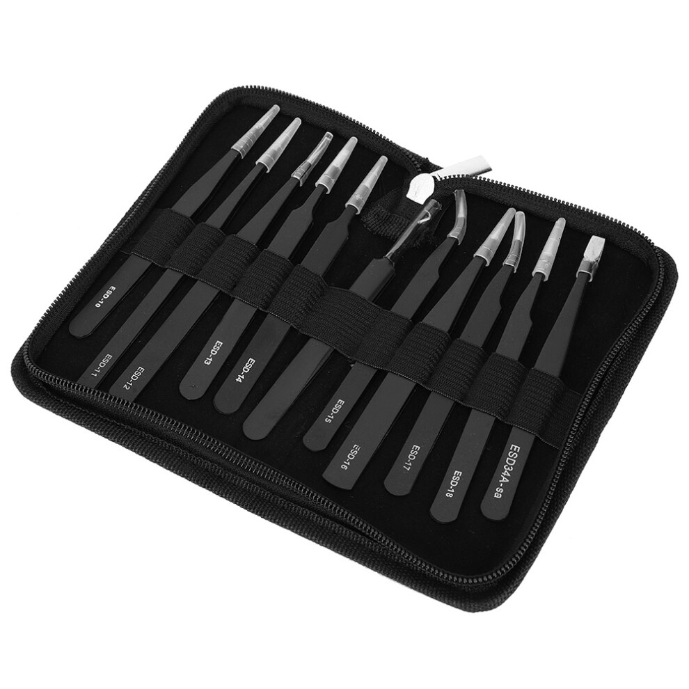 11Pcs Durable Stainless Steel High Hardness Tweezers Set with Storage Bag