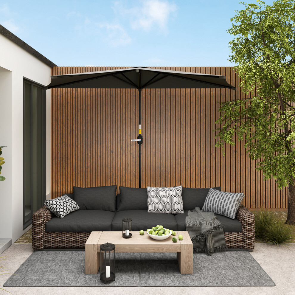 Outsunny 3(M) Half Round Parasol Garden Sun Umbrella W/ Crank Dark/Grey