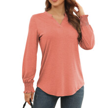 Lässiges Damen-V-Ausschnitt-Top mit Raffung, langärmlig, lockere Passform, Rose Gold, Größe M