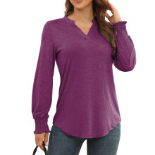 Langes Ärmel Notch V-Ausschnitt Top für Damen Casual Rüschenhemd Lila/Rot