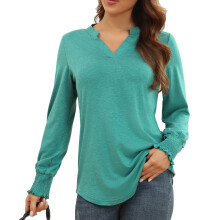 Elegante Olive XL Langarmshirrt mit Raffung für Damen, V-Ausschnitt