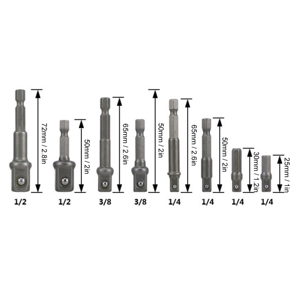 8Pcs Impact Tool Socket Adapter Set Hex Shank Extensions 1/4In To 1/2In 7891362215118
