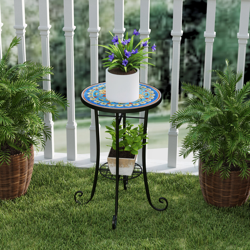 Balcony & Patio Garden Table - Outsunny Blue 35.5cm Round Mosaic Ceramic Top Side & End Table with Shelf for Outdoor & Indoor-image-OPC-PMZXKNN-NEW