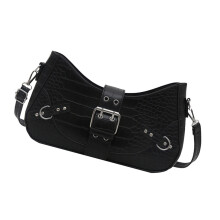 Soft PU Leather Shoulder Bag With Rivet Accent Adjustable-Black