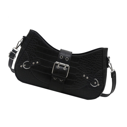 Soft PU Leather Shoulder Bag With Rivet Accent Adjustable-Black