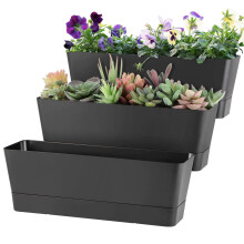 Window Box Planter with Tray, 12" Rectangle Plant Pot, Pack of 3 (Black)