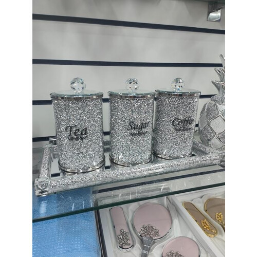 Crushed Diamond Tea, Coffee, Sugar Silver Jar 15Cm