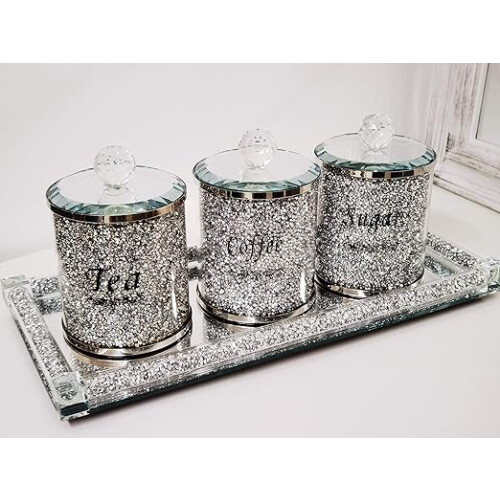 Crushed Diamond Tea, Coffee, Sugar Silver Jar 15Cm 2