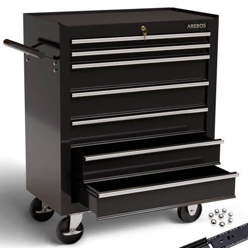 AREBOS AREBOS 7-Drawer Tool Cabinet Garage Tool Chest with Wheels Workshop Tool Storage Lockable Black