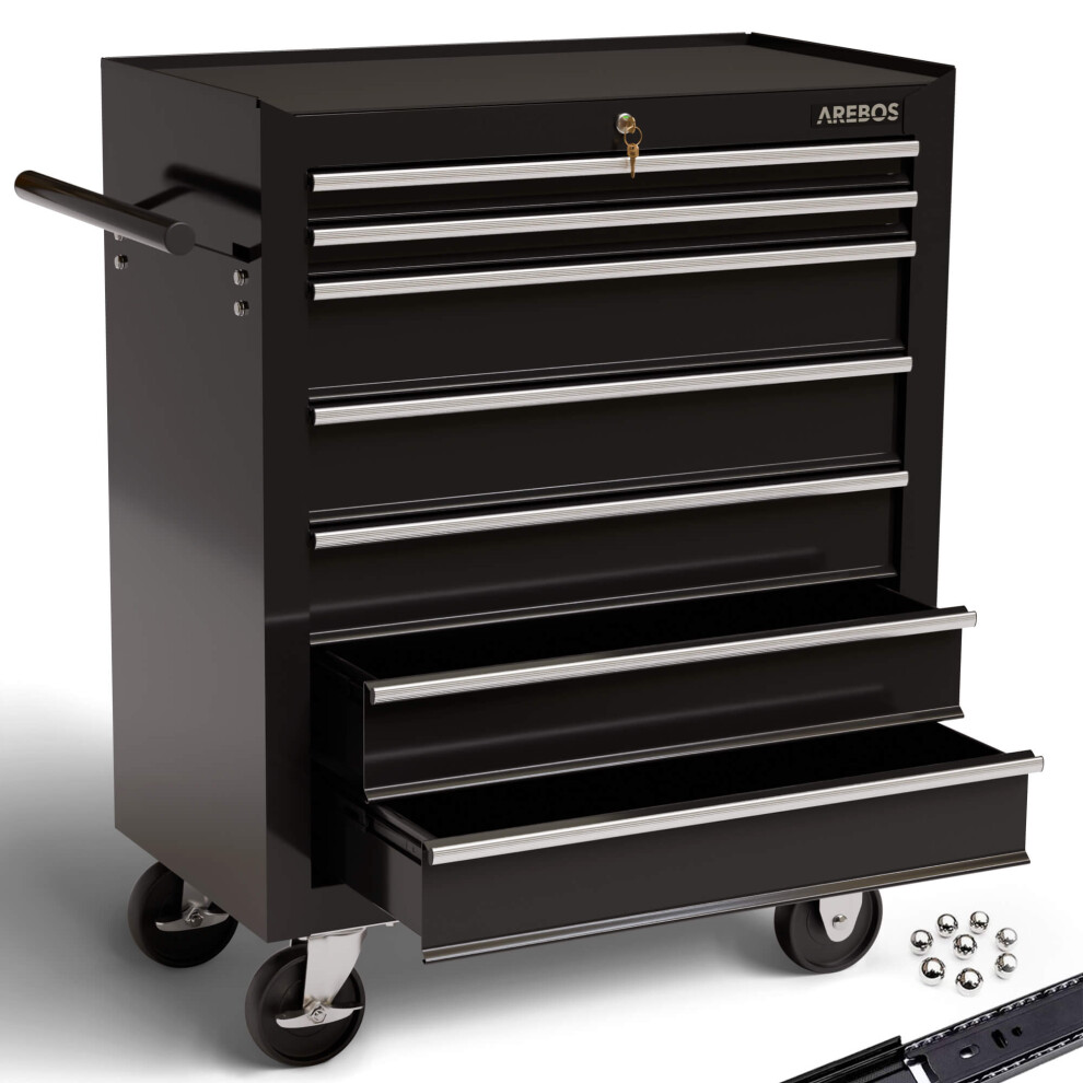 Arebos 7-Drawer Tool Cabinet Garage Tool Chest With Wheels Workshop Tool Storage Lockable Black