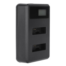 Doppelschacht-Akkuladegerät für NP-BX1, LCD-Display, USB, Schwarz