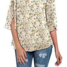 Lässiges grünes Chiffon-T-Shirt mit Rüschen-Schlitzärmeln | Locker M