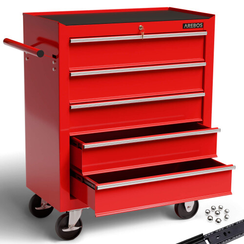 AREBOS AREBOS 5-Drawer Tool Cabinet Garage Tool Chest with Wheels Workshop Tool Storage Lockable Red