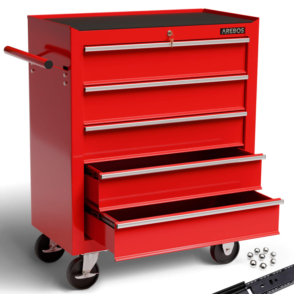 Arebos 5-Drawer Tool Cabinet Garage Tool Chest With Wheels Workshop Tool Storage Lockable Red