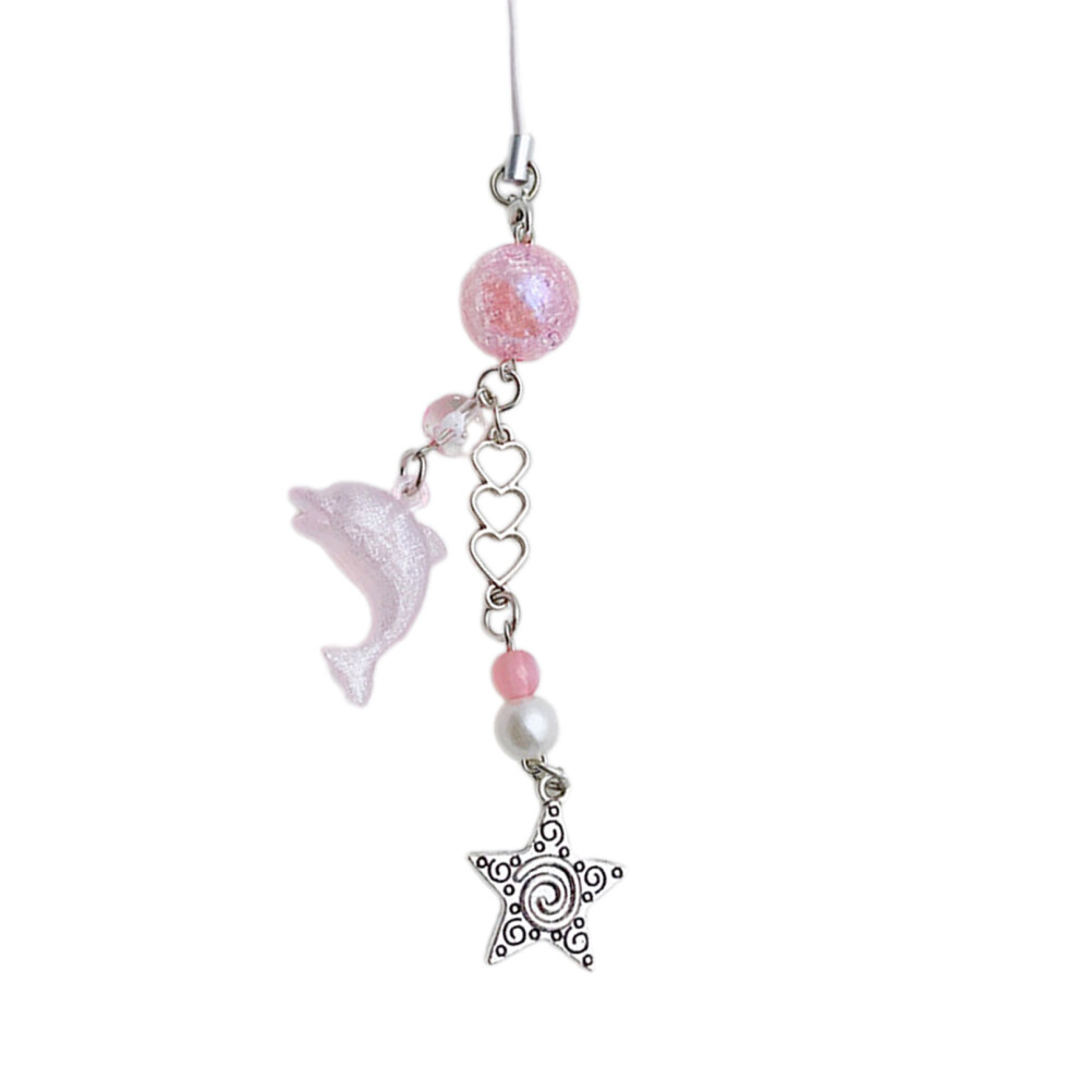 Dolphin Mobile Phone Lanyard Flower Embellishment Keychain- Pink 7704000153829