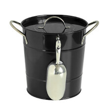 Cubitera aislada de metal galvanizado estilo rústico para enfriar vino, champán y whisky, con tapa y cuchara, ideal para el hogar y exteriores.
