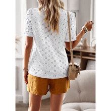 Weißes Damen-T-Shirt mit Spitzenbesatz, Rundhals, kurze Ärmel, Frühling Sommer, S