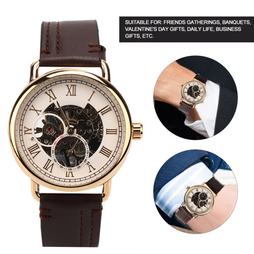 FORSINING Men's Elegant Semi Automatic Mechanical Watch White Pattern Gold Case 2