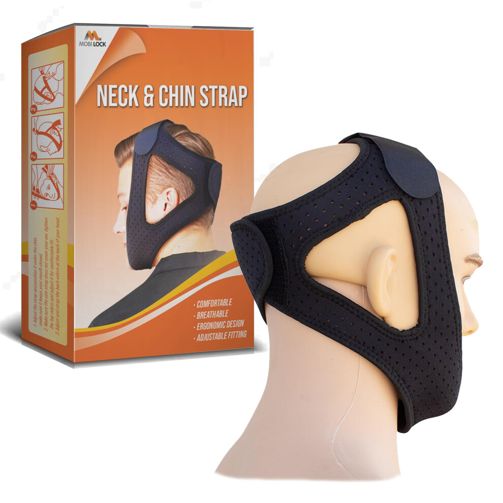 Black Chin & Neck Strap - Soft, Breathable Neoprene Anti-Snore Sleep Strap - Sleeping Aids For Men & Women - Adjustable Hook & Loop Closure - By