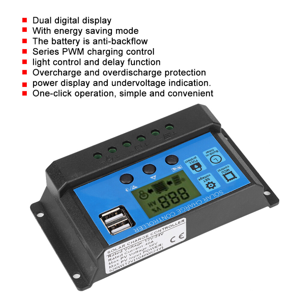 12V/24V Pwm Solar Charge Controller 40A Abs Regulator With Usb Black 8431362339644